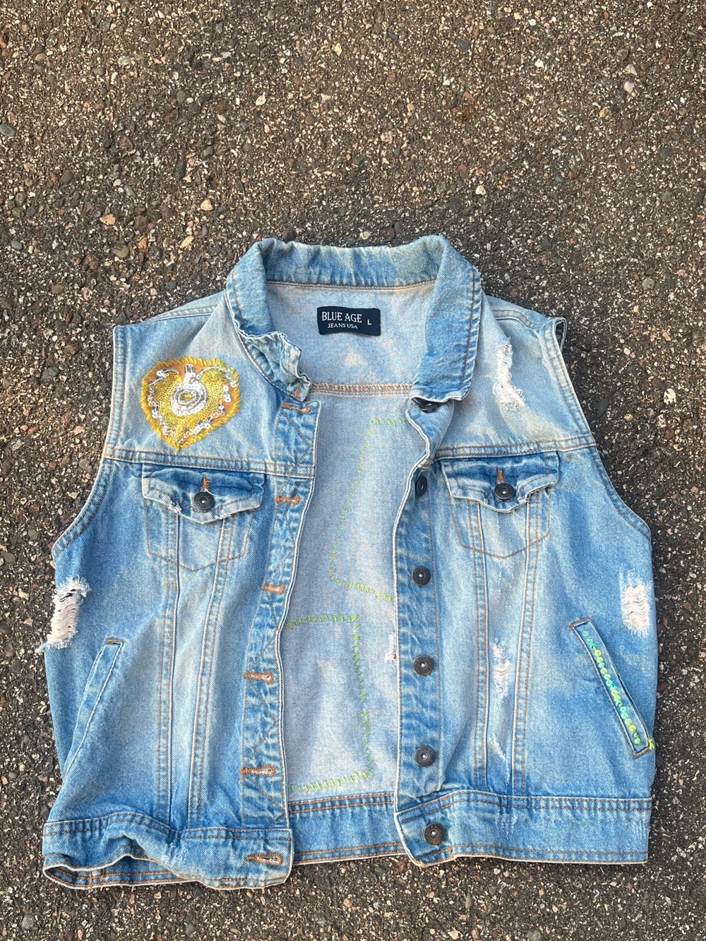 Blue Age Light Wash Denim Vest with Embroidered Accents